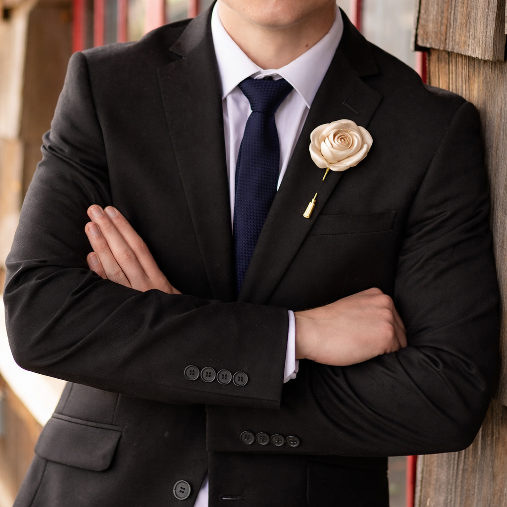 Lapel Pins for Men, Beige Satin Rose Lapel Pin Groom Boutonnieres for Wedding/Dance/Party, Men Lapel Pins for Suits Satin Flower Corsage