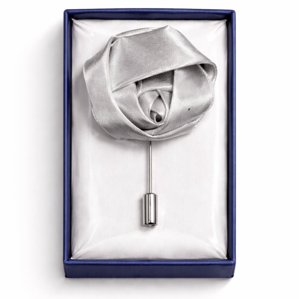 Lapel Pins for Men, Silver Satin Rose Lapel Pin Groom Boutonnieres for Wedding/Dance/Party, Men Lapel Pins for Suits Satin Flower Corsage