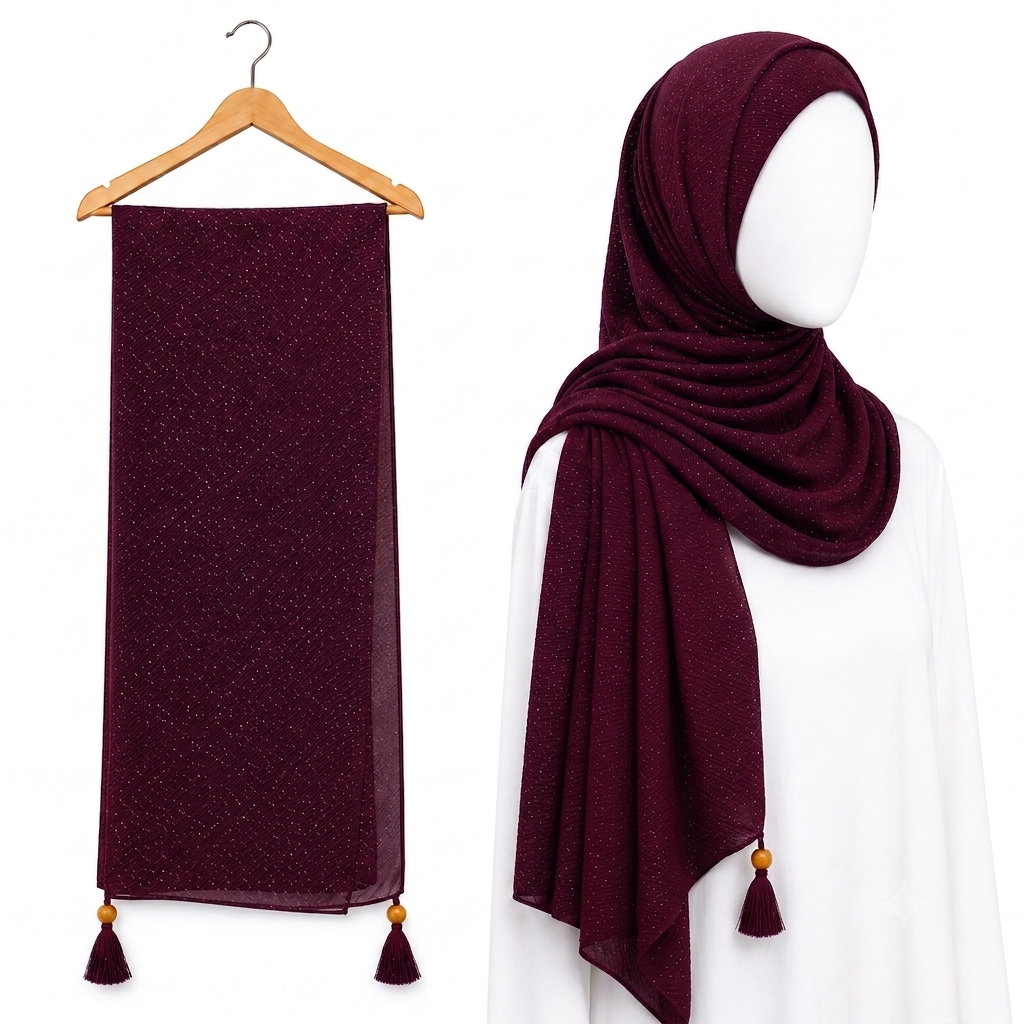 Stylengift Luxury Crushed Shimmer Hijabs | All-Season Formal Tassel Scarves=SH-164