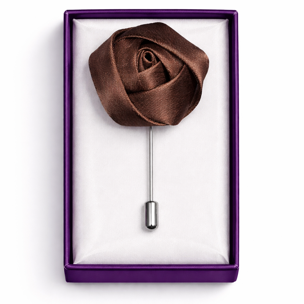Lapel Pins for Men, Elegant Brown Satin Rose Lapel Pin Groom Boutonnieres for Wedding/Dance/Party, Men Lapel Pins for Suits Satin Flower Corsage