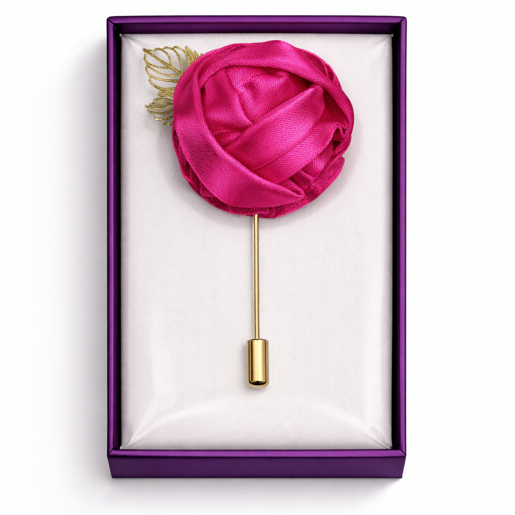 Lapel Pins for Men, Elegant Fuchsia Lapel Pin Groom Boutonnieres for Wedding/Dance/Party, Men Lapel Pins for Suits Satin Flower Corsage